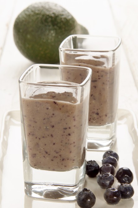 fresh made blueberry avocado smoothie in a glass