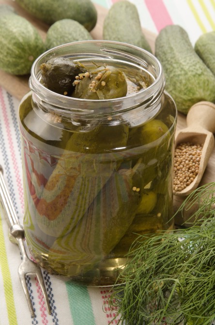 gherkin in glass with mustard seed on a wooden shovel and dill gherkin in glass with mustard seed on a wooden shovel and dill