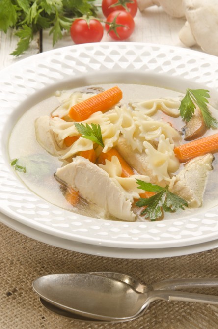 chicken vegetable soup with pasta on a plate 