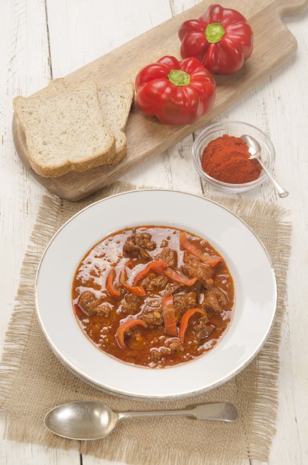 authentic hungarian beef goulash with paprika and bread