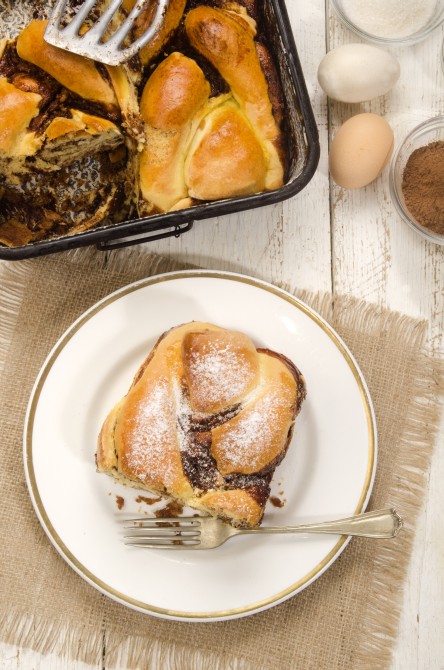 authentic hungarian braided cake with cocoa and powdered sugar on a plate