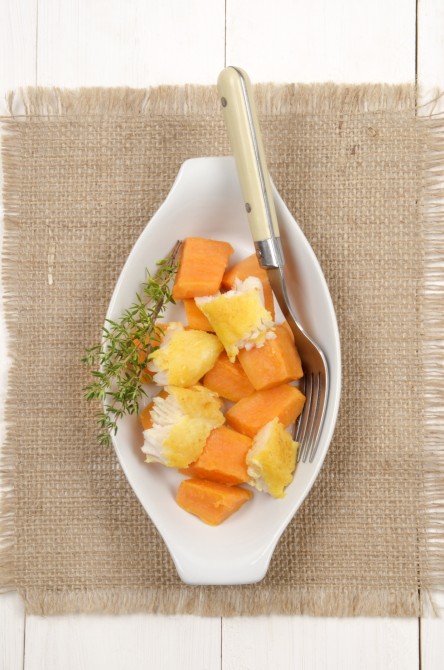 boiled sweet potato with smoked cod and thyme