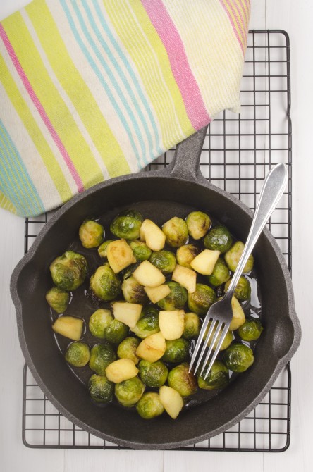 roasted brussels sprouts with apple in a cast iron pan roasted brussels sprouts with apple in a cast iron pan