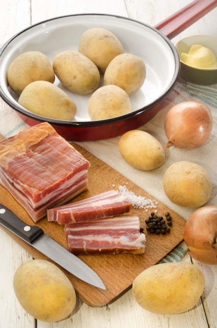 potatoes, fat bacon, onions, fat, salt and pepper to make fried potatoes potatoes, fat bacon, onions, fat, salt and pepper to make fried potatoes