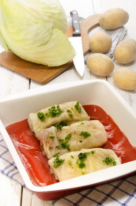 cabbage rolls filled with minced meat and tomato sauce, traditional dish of many countries