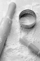 floured baking board with rolling pin, cookie cutter and brush