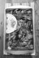 aubergine and bell pepper fried egg with lilac onion in a baking tin