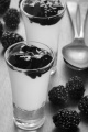 blackberry jelly and organic yogurt in a shot glass and spoon on wood table