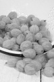 cleaned wet gooseberries in a blue and white colander